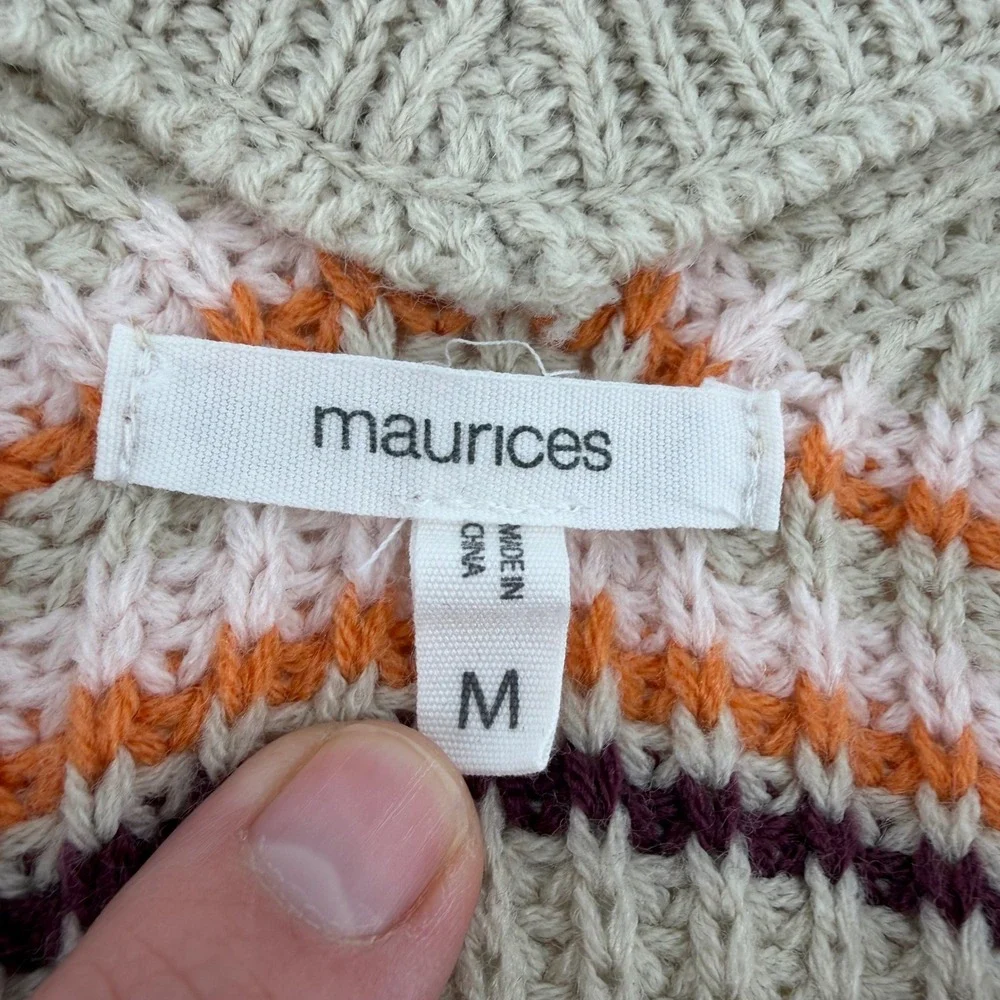 Maurices Medium Sweater Tan Striped Henley V-Neck‎ Button Shaker Knit Boho